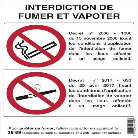 Panneau INTERDICTION DE FUMER/VAPOTER Taliaplast 629012