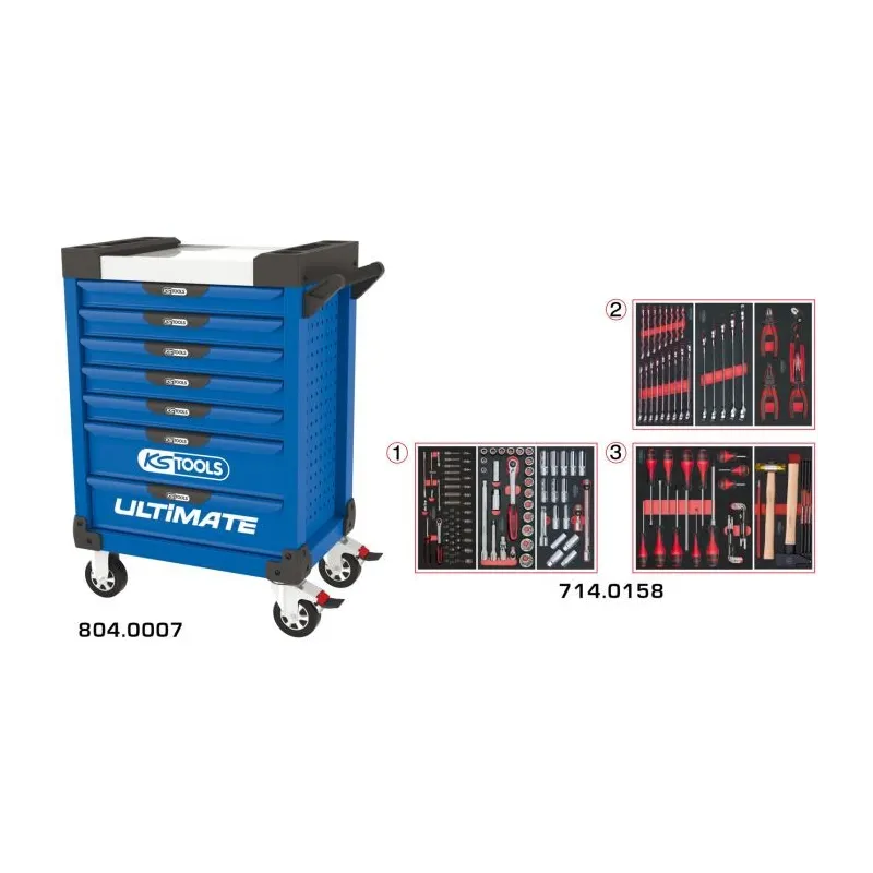 Servante ULTIMATE bleue 7 tiroirs équipée de 158 outils KSTOOLS 804.7158 | 804.7158 Servante ULTIMATE bleue 7 tiroirs équipée de 158 outils KSTOOLS 804.7158 | 804.7158