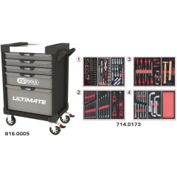 Servante ULTIMATE grise et noire 5 tiroirs équipée de 173 outils KSTOOLS 816.5173 | 816.5173