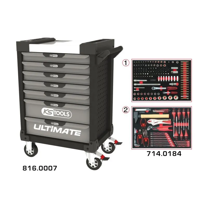 Servante ULTIMATE grise et noire 7 tiroirs équipée de 184 outils KSTOOLS 816.7184 | 816.7184 Servante ULTIMATE grise et noire 7 tiroirs équipée de 184 outils KSTOOLS 816.7184 | 816.7184