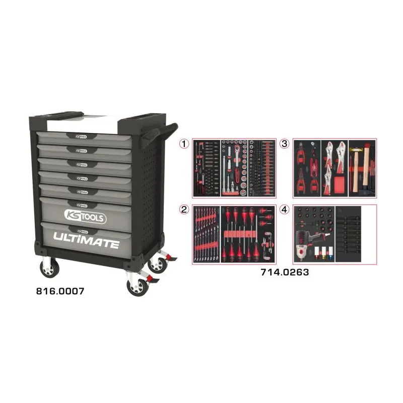 Servante ULTIMATE grise et noire 7 tiroirs équipée de 263 outils KSTOOLS 816.7263 | 816.7263 Servante ULTIMATE grise et noire 7 tiroirs équipée de 263 outils KSTOOLS 816.7263 | 816.7263