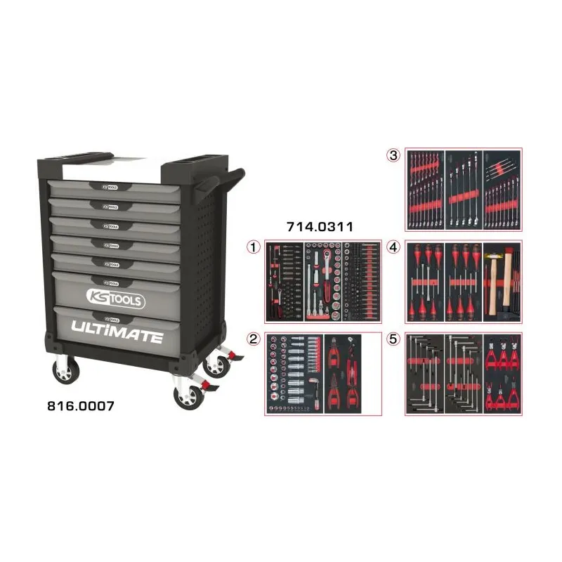Servante ULTIMATE grise et noire 7 tiroirs équipée de 311 outils KSTOOLS 816.7311 | 816.7311 Servante ULTIMATE grise et noire 7 tiroirs équipée de 311 outils KSTOOLS 816.7311 | 816.7311