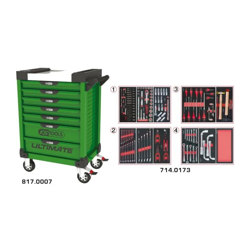 Servante ULTIMATE verte 7 tiroirs équipée de 173 outils KSTOOLS 817.7173 | 817.7173 Servante ULTIMATE verte 7 tiroirs équipée de 173 outils KSTOOLS 817.7173 | 817.7173