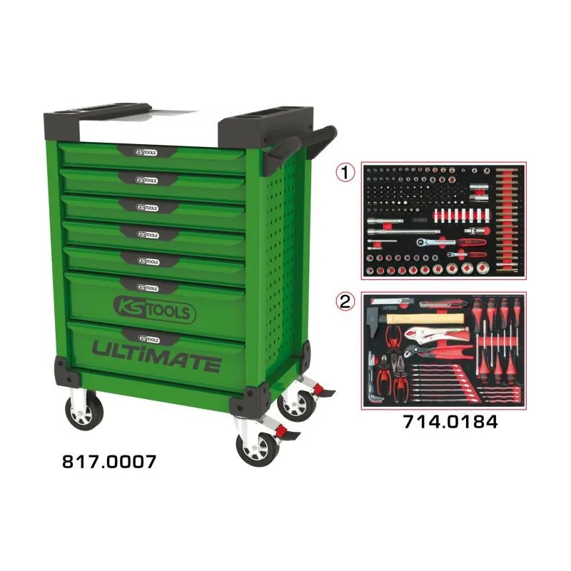 Servante ULTIMATE verte 7 tiroirs équipée de 184 outils KSTOOLS 817.7184 | 817.7184 Servante ULTIMATE verte 7 tiroirs équipée de 184 outils KSTOOLS 817.7184 | 817.7184