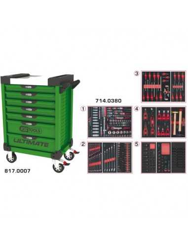 Servante ULTIMATE verte 7 tiroirs équipée de 384 outils KSTOOLS 817.7380