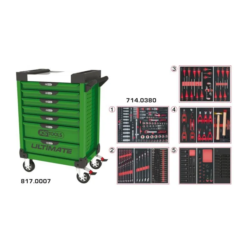 Servante ULTIMATE verte 7 tiroirs équipée de 384 outils KSTOOLS 817.7380 | 817.7380 Servante ULTIMATE verte 7 tiroirs équipée de 384 outils KSTOOLS 817.7380 | 817.7380