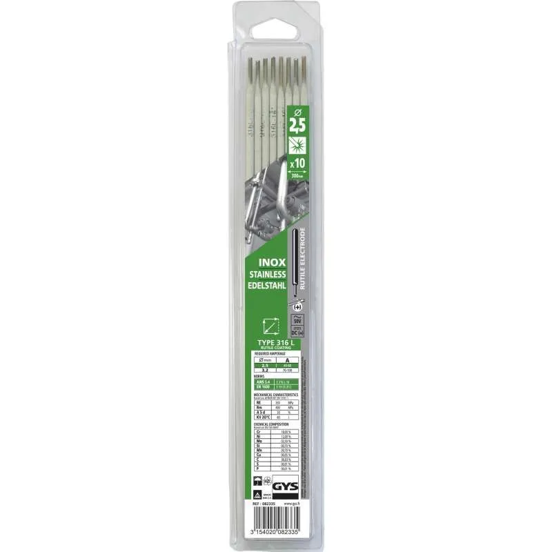 10 Électrodes enrobées inox 316L Ø 2,5 mm - Blister | GYS | GYS082335 10 Électrodes enrobées inox 316L Ø 2,5 mm - Blister | GYS | GYS082335
