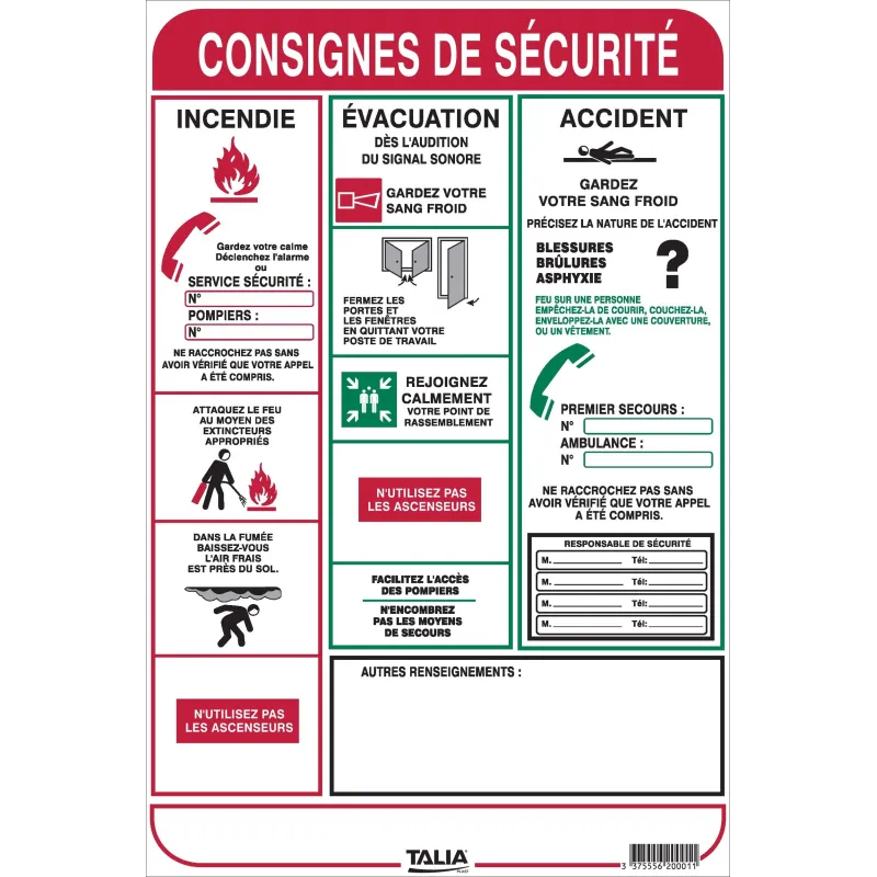 CONSIGNES DE SECURITE 300X450 Taliaplast 620001 | 620001 CONSIGNES DE SECURITE 300X450 Taliaplast 620001 | 620001