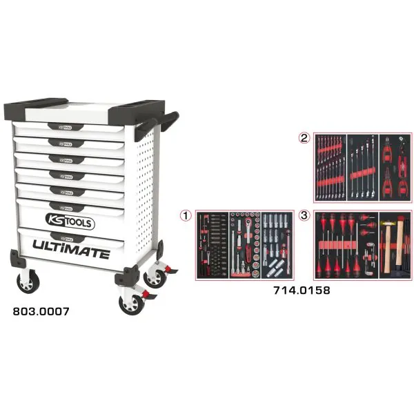 Servante ULTIMATE blanche 7 tiroirs équipée de 158 | Rangement atelier