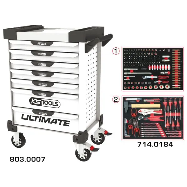 Servante ULTIMATE blanche 7 tiroirs équipée de 184 | Rangement atelier