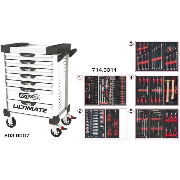 Servante ULTIMATE blanche 7 tiroirs équipée de 311 | Rangement atelier