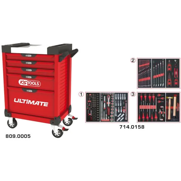 Servante ULTIMATE rouge 5 tiroirs équipée de 158 | Rangement atelier |