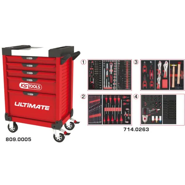 Servante ULTIMATE rouge 5 tiroirs équipée de 263 | Rangement atelier |
