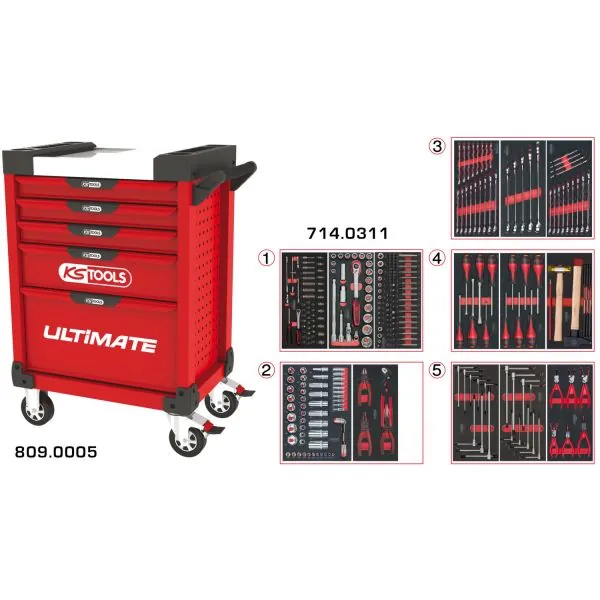 Servante ULTIMATE rouge 5 tiroirs équipée de 311 | Rangement atelier |