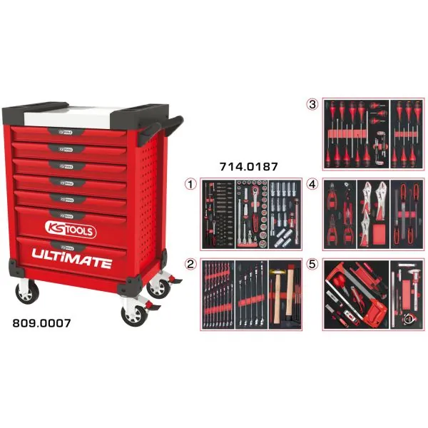 Servante ULTIMATE rouge 7 tiroirs équipée de 187 | Rangement atelier |