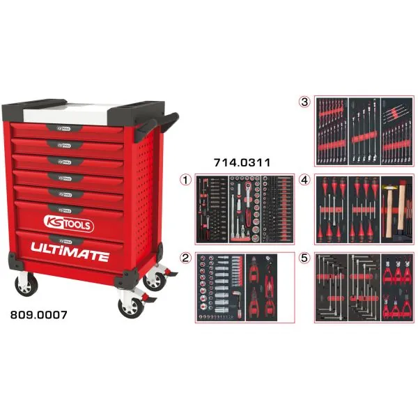 Servante ULTIMATE rouge 7 tiroirs équipée de 311 | Rangement atelier |