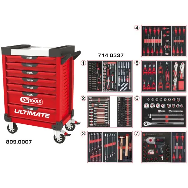 Servante ULTIMATE rouge 7 tiroirs équipée de 337 | Rangement atelier |