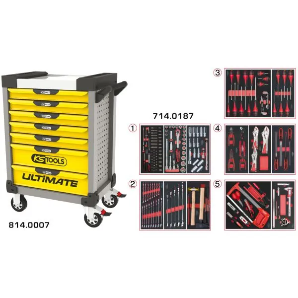 Servante ULTIMATE grise et jaune 7 tiroirs équipée | Rangement atelier