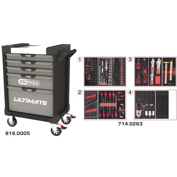Servante ULTIMATE grise et noire 5 tiroirs équipée | Rangement atelier