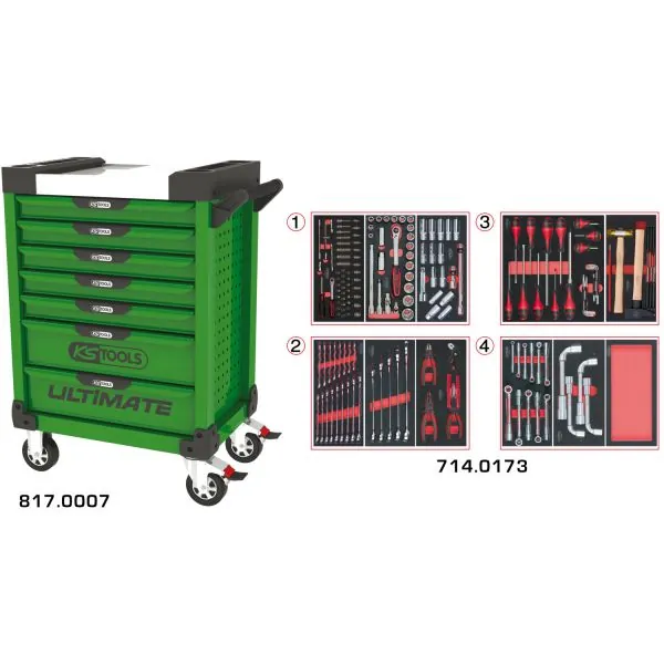 Servante ULTIMATE verte 7 tiroirs équipée de 173 | Rangement atelier |