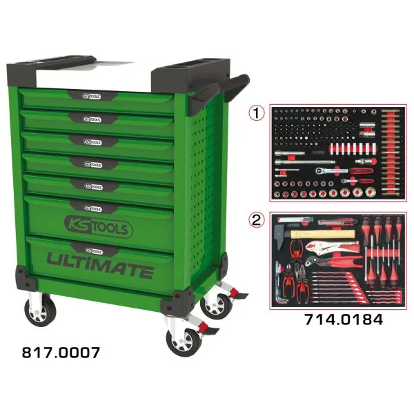 Servante ULTIMATE verte 7 tiroirs équipée de 184 | Rangement atelier |