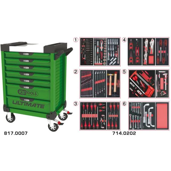 Servante ULTIMATE verte 7 tiroirs équipée de 202 | Rangement atelier |