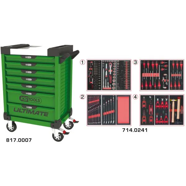 Servante ULTIMATE verte 7 tiroirs équipée de 241 | Rangement atelier |