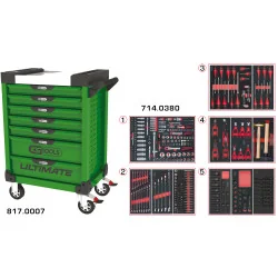 Servante ULTIMATE verte 7 tiroirs équipée de 384 | Rangement atelier |