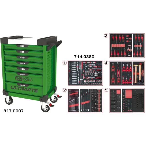 Servante ULTIMATE verte 7 tiroirs équipée de 384 | Rangement atelier |