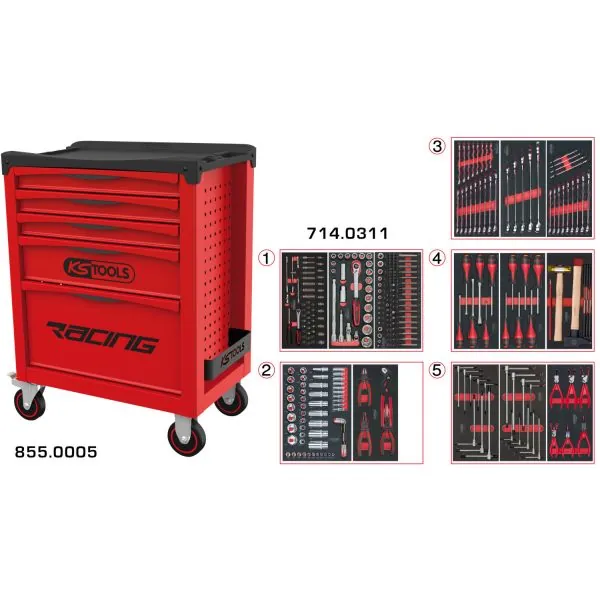 Servante RACING 5 tiroirs équipée de 311 outils | Rangement atelier |