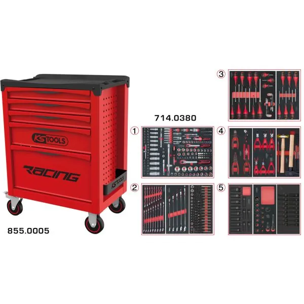 Servante RACING 5 tiroirs équipée de 384 outils | Rangement atelier |